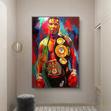 Tableau Mike Tyson en pied avec trois ceintures de championnat, affiche dans un salon