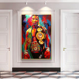 Tableau Mike Tyson en pied avec trois ceintures de championnat