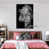 Tableau Mike Tyson, citation a gauche et visage tatoue en gros plan, detail de l'impression