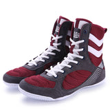 Chaussures de boxe bordeaux et gris à 3 bandes blanches, la paire