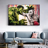 Tableau Mike Tyson vs Hulk, le boxeur envoie un direct au geant vert, format paysage, affiche dans un salon