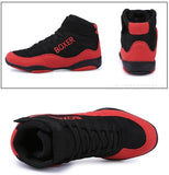 Chaussure de boxe rouge et noire de profil et vue arrière
