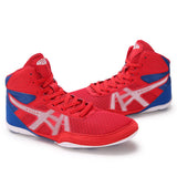 Chaussures de boxe basses rouge et bleu, chevrons blancs lateraux