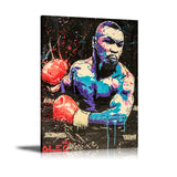 Tableau Mike Tyson pop art en aplats cyan et violet, gants rouges, detail de l'impression