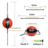 Schéma des dimensions : ballon 20 cm, élastiques 0,6 m et 0,8 m, longueur totale 1,8 m à 2,2 m, 2 mousquetons et pompe