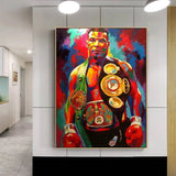 Tableau Mike Tyson en pied avec trois ceintures de championnat, accroche dans une entree