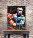 Tableau Mike Tyson pop art en aplats cyan et violet, gants rouges, accroche dans une entree