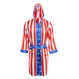 Peignoir court Rocky Balboa en satin rayé rouge et blanc, ceinture bleue étoilée, vue avant