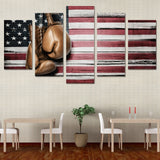 Tableau gants de boxe cuir marron sur drapeau americain peint sur bois, 5 pieces