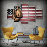 Tableau gants de boxe cuir marron sur drapeau americain peint sur bois, 5 pieces