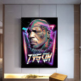 Tableau Mike Tyson retro neon, visage tatoue en degrades magenta et cyan, affiche dans un salon