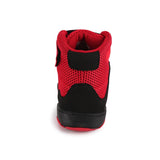 Chaussure de boxe rouge et noire vue arrière, contrefort noir