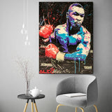 Tableau Mike Tyson pop art en aplats cyan et violet, gants rouges, vue rapprochee de la toile