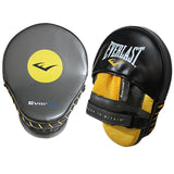 Pattes d'ours Everlast en cuir PU, face de frappe grise avec cible ronde jaune et logo Everlast, dos noir avec panneau mesh EverCool
