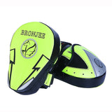 Pattes d'ours boxe jaune fluo en cuir PU, motif éclair noir et logo rond argenté sur la face de frappe