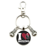 Porte-clés boxe cabochon verre, motif I love Boxing à cœur rouge sur fond noir