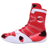 Chaussure de boxe rouge et blanc, sangle scratch, vue de profil
