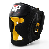 Casque de boxe noir en mesh 3D, vue trois quarts, doublure rembourrée jaune