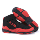 Chaussures de boxe basses rouge et noir à sangle scratch