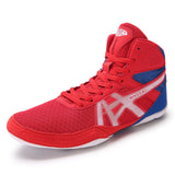 Chaussure de boxe rouge et bleue de profil, talon bleu roi
