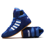 Chaussures de boxe bleu roi aspect daim, trois bandes blanches