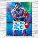 Tableau Mohamed Ali dans le ring, bras croises, gants rouges, fond bleu et vert