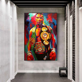 Tableau Mike Tyson en pied avec trois ceintures de championnat, toile seule, sans cadre
