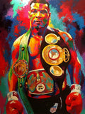 Tableau Mike Tyson en pied avec trois ceintures de championnat, detail de l'impression