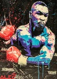 Tableau Mike Tyson pop art en aplats cyan et violet, gants rouges, toile seule, sans cadre