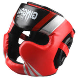 Casque de boxe intégral rouge en cuir PU, coques d'oreilles rembourrées