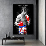 Tableau Rocky Balboa en garde, gants rouges et short americain sur fond noir