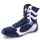 Chaussures de boxe bleu marine à 3 bandes blanches, vue avant