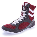 Chaussure de boxe bordeaux et gris, tige mesh, vue de profil