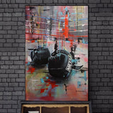 Tableau gants de boxe poses sur un ring peint en abstrait