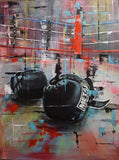Tableau gants de boxe poses sur un ring peint en abstrait, affiche dans un salon