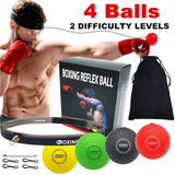 Contenu du coffret balle réflexe : balles jaune, noire, verte et rouge, bandeau et sac de rangement