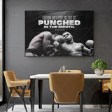Tableau citation Mike Tyson en capitales blanches au-dessus d'une scene de combat, format paysage