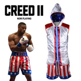Tenue de boxe Creed : veste sans manches satin blanc à capuche et short rayé