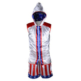Veste sans manches satin blanc Creed et short rayé rouge et blanc, vue de face