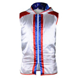 Veste sans manches satin blanc Creed, capuche doublée bleu à étoiles