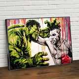 Tableau Mike Tyson vs Hulk, le boxeur envoie un direct au geant vert, format paysage, toile seule, sans cadre