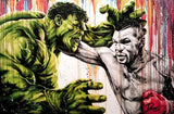 Tableau Mike Tyson vs Hulk, le boxeur envoie un direct au geant vert, format paysage, detail de l'impression