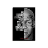 Tableau Mike Tyson, citation a gauche et visage tatoue en gros plan, vue rapprochee de la toile