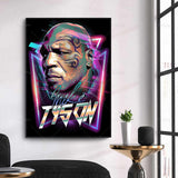 Tableau Mike Tyson retro neon, visage tatoue en degrades magenta et cyan, vue rapprochee de la toile