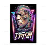 Tableau Mike Tyson retro neon, visage tatoue en degrades magenta et cyan, accroche dans une entree