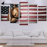 Tableau gants de boxe cuir marron sur drapeau americain peint sur bois, 5 pieces